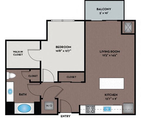 Floor plan for 1 bed, 1 bath, 765 sqft